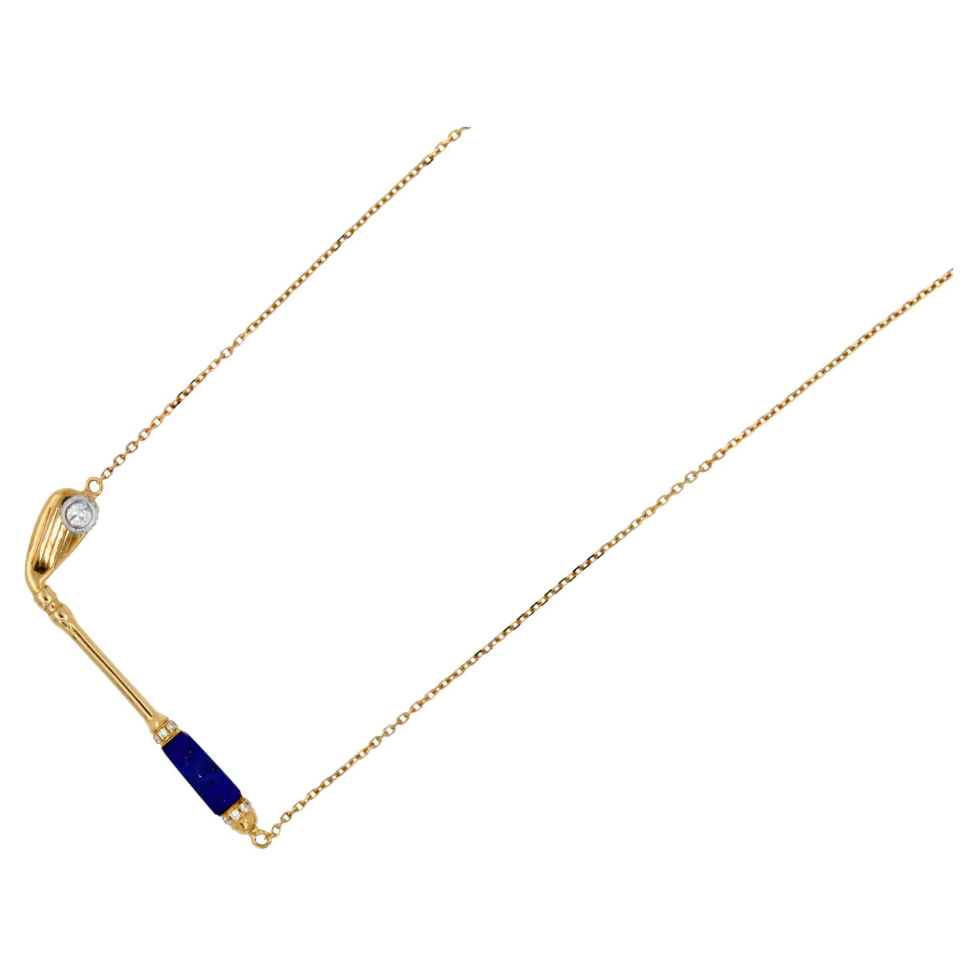 18K Yellow Gold
Blue Lapis Lazuli Gemstone Handle
White Diamond Golf Ball Gemstone
0.25 cts Diamonds
16-18 inches Diamond-Cut Link Cable chain length
In-Stock
This is part of Galt & Bro. Jewelry's exclusive, custom made-to-order Golf Club Birdies