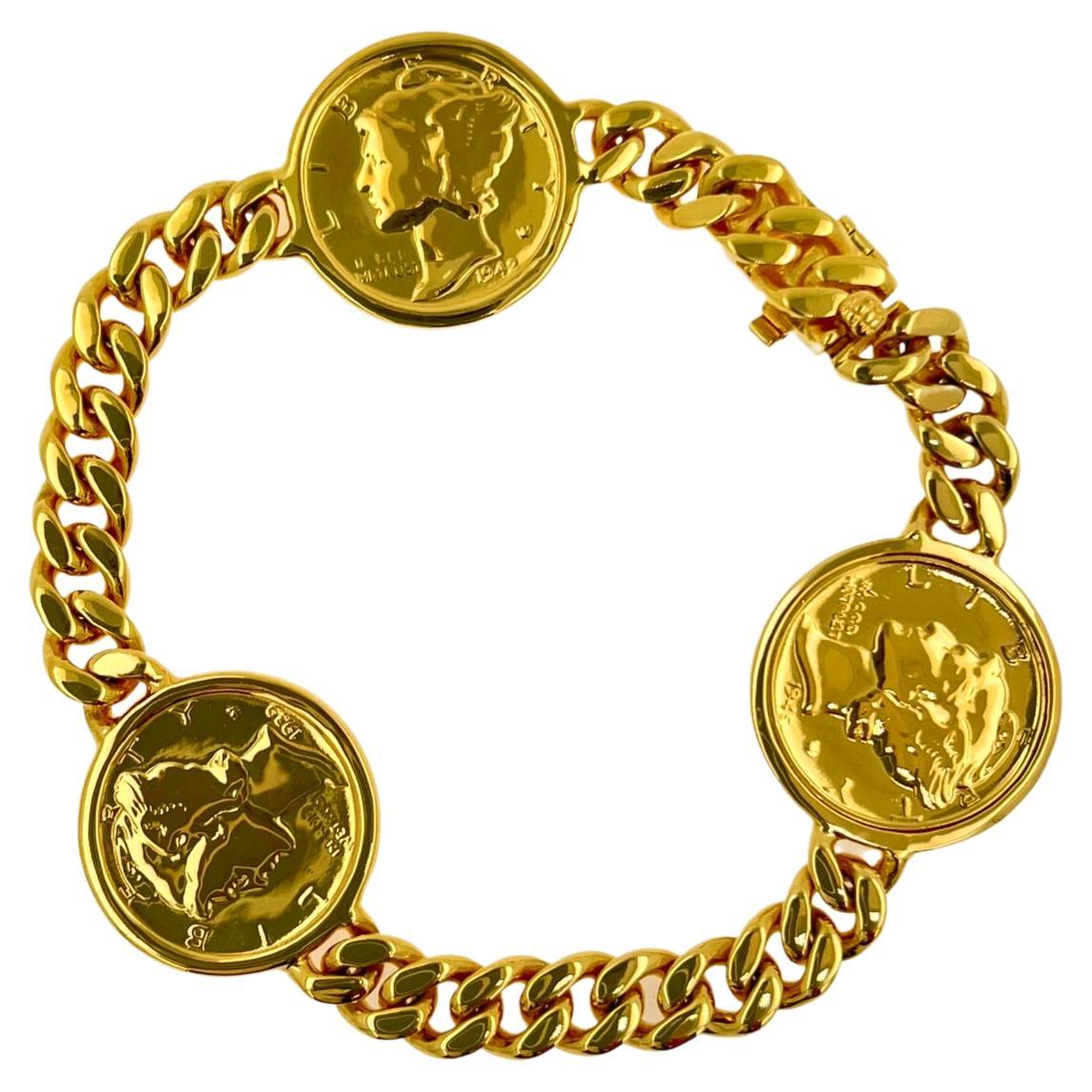 Vintage Dollar Coin Curb Link Yellow Gold Vermeil Sterling Silver Chain Bracelet For Sale