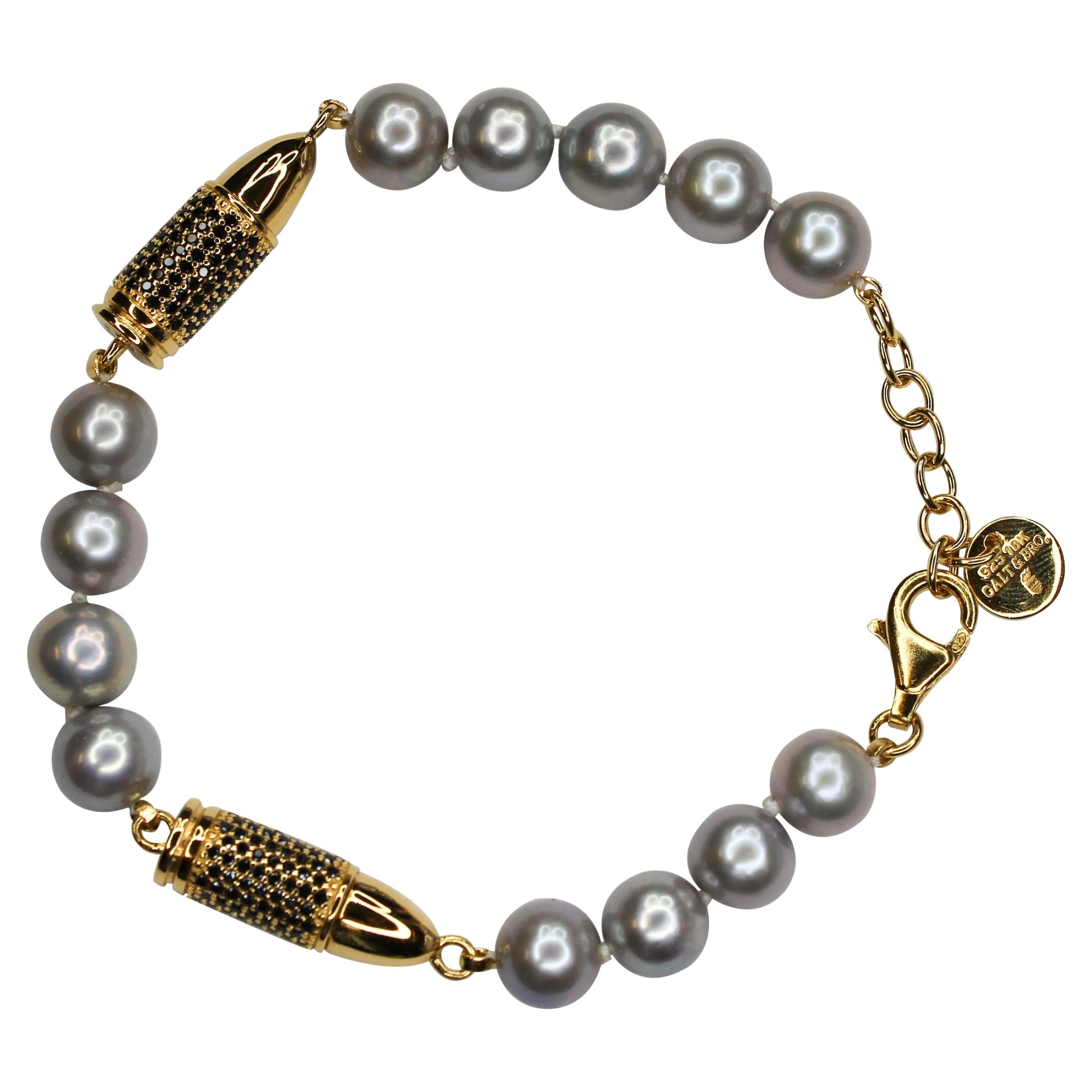 Black Spinel Gold Vermeil Rocket Bullet Silver Pearl Sterling Silver Bracelet For Sale