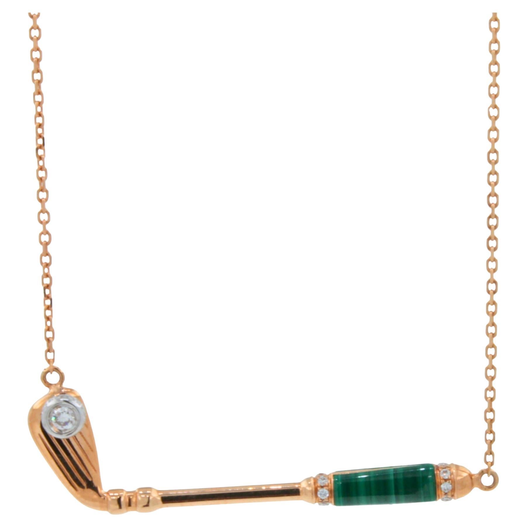 Diamant-Halskette mit Malachit-Golf Club Birdie-Charm aus 18 Karat Gelbgold