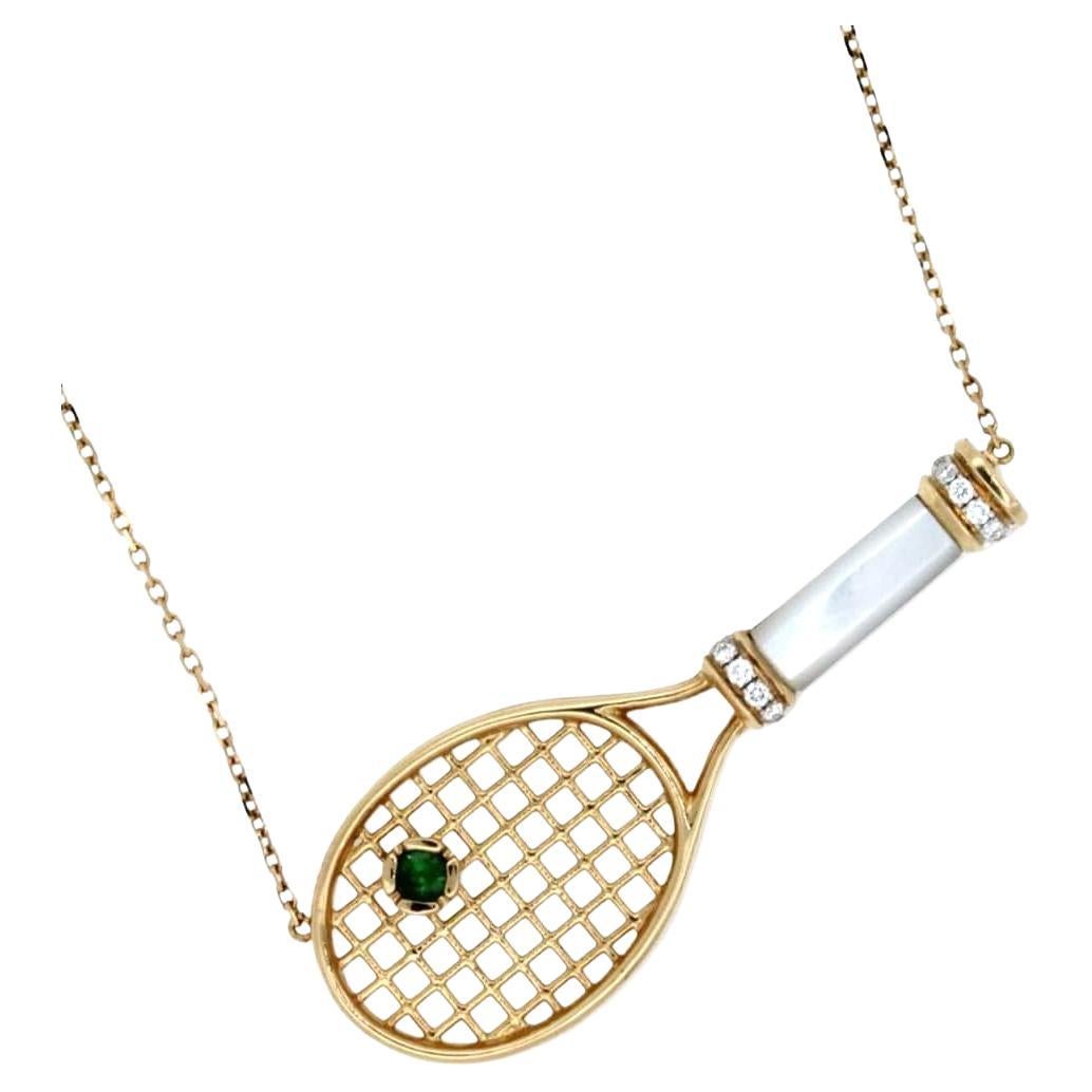 Diamond White Pearl Emerald 18 Karat Gold Tennis Racket Charm Pendant Necklace For Sale