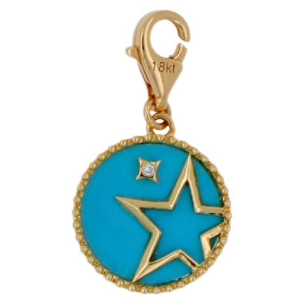 Diamond Teal Turquoise Shooting Star Celestial Sky Gold Medallion Charm Pendant
18K Yellow Gold
Charm Only
Natural Turquoise Slice Medallion
0.05 cts Diamonds
