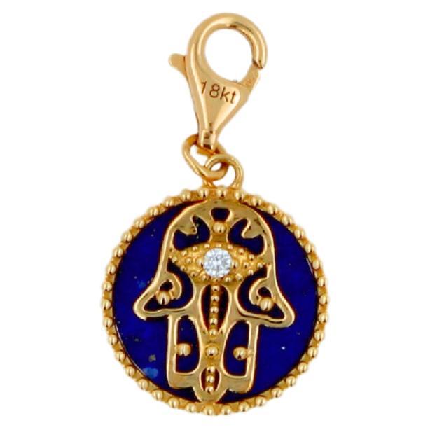 Diamond Blue Lapis Lazuli Hamsa Hand Palm 18 Karat Yellow Gold Medallion Charm