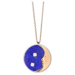 Collier à breloques médaillon en or 18 carats avec halo de diamants, étoile de lune et lapis-lazuli