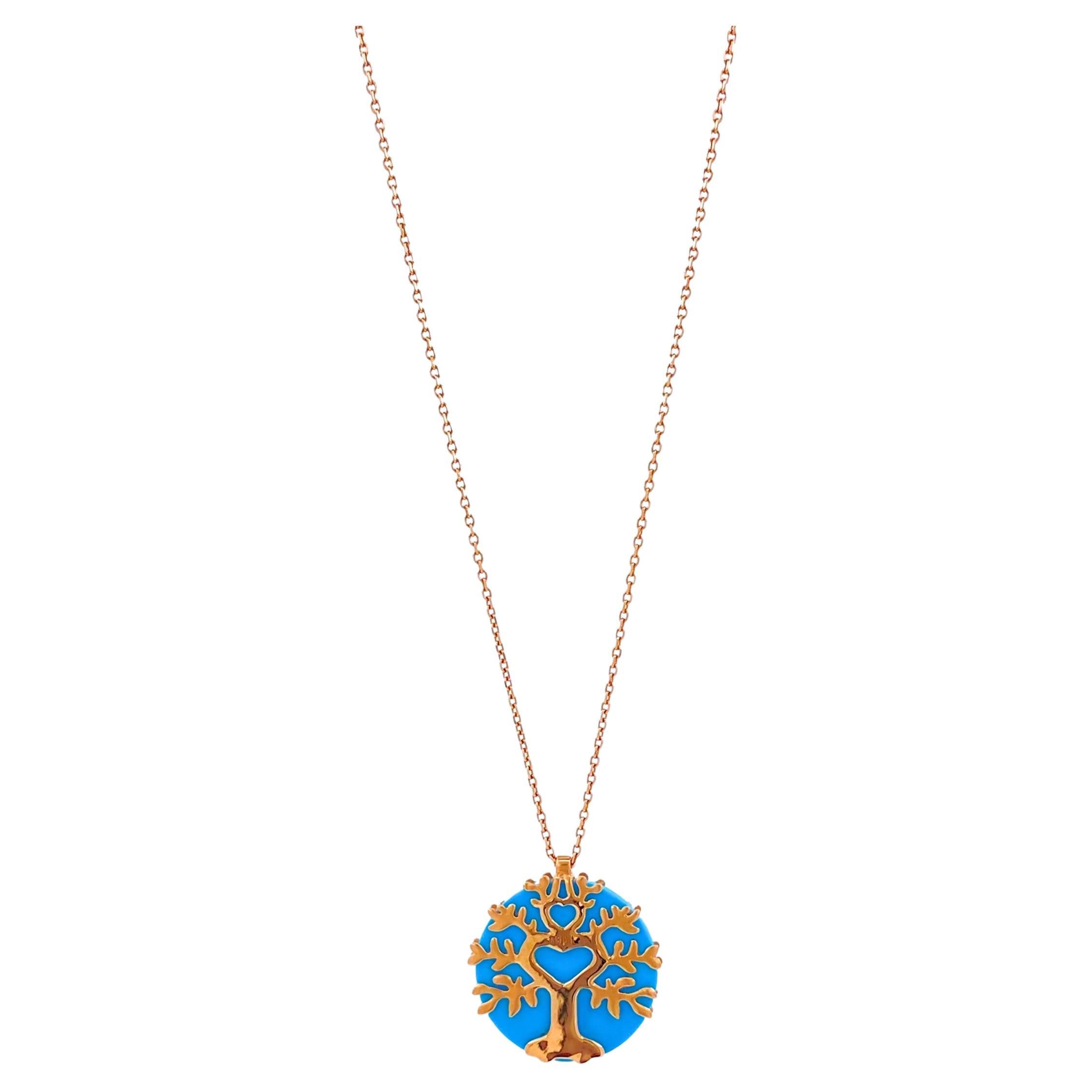 Modern Diamond Halo Tree Life Turquoise 18 Karat Gold Pendant Charm Medallion Necklace