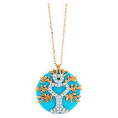 Diamond Halo Tree Life Turquoise 18 Karat Gold Pendant Charm Medallion Necklace