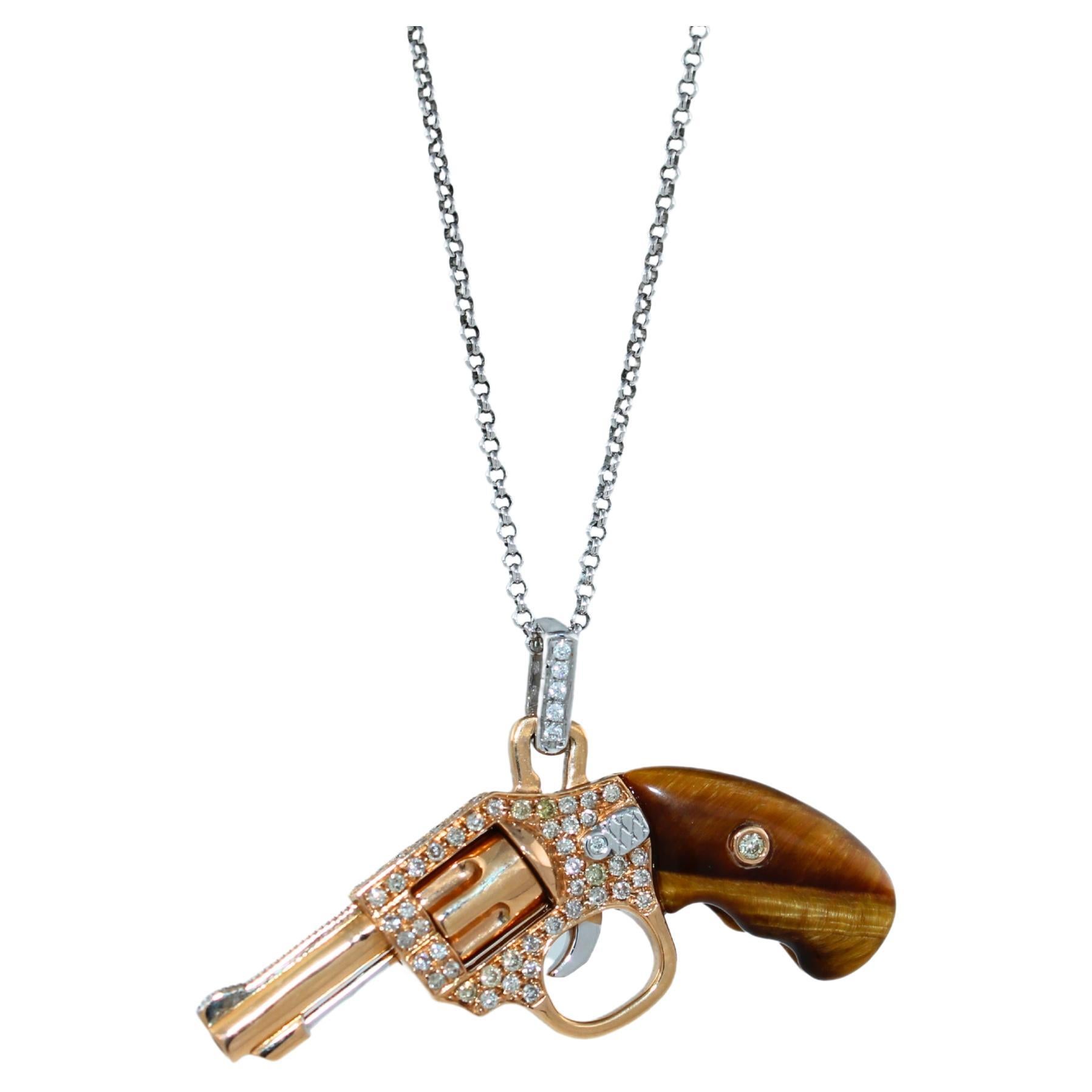 Diamond Pave Gun Revolver Tiger's Eye Gem 18K Rose Gold Necklace Pendant Charm For Sale