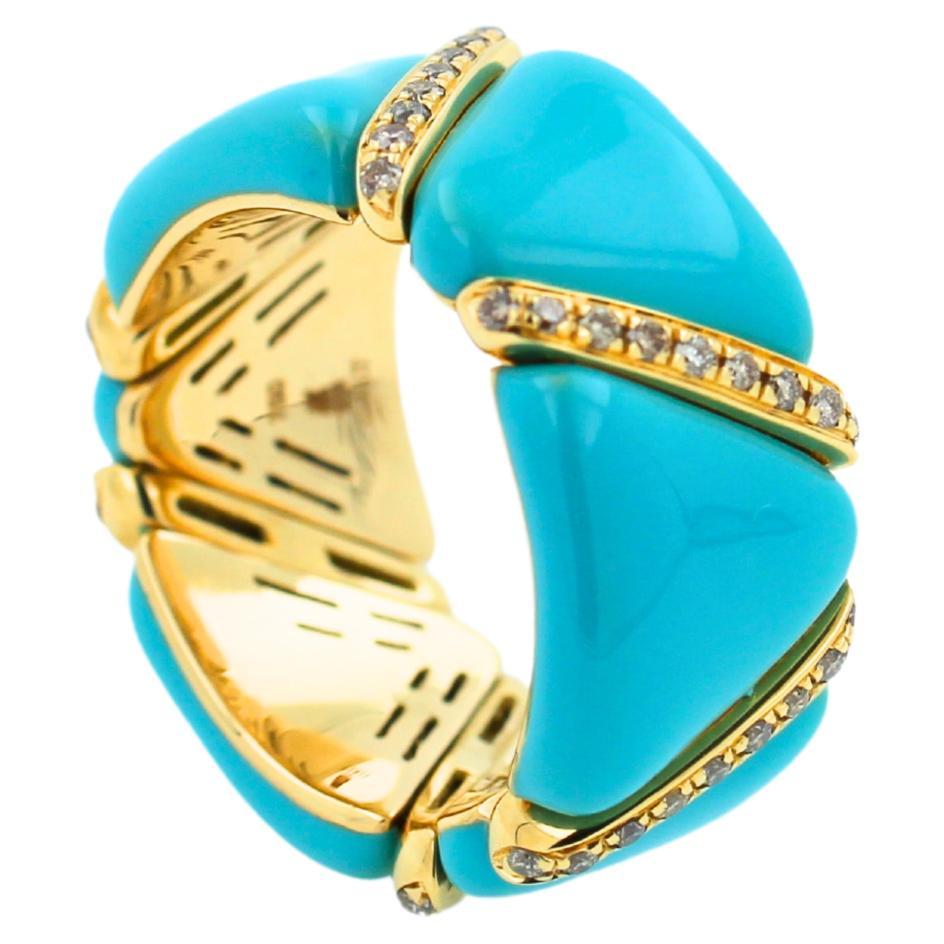 Bague d'éternité en or 18 carats extensible unique avec diamants, turquoises et émail bleu clair
