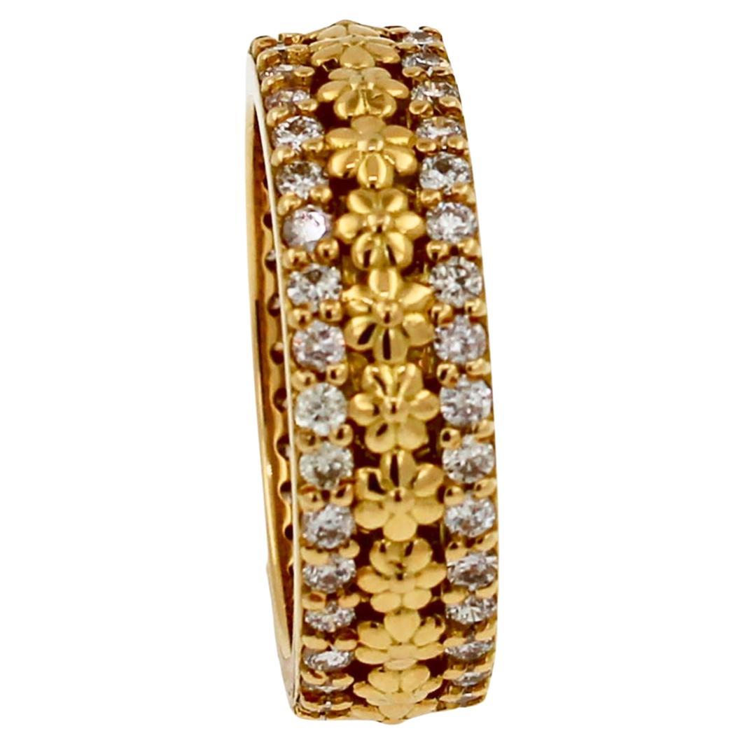 Diamond Flower Nature Plant Eternity Wedding Band Pave 18 Karat Yellow Gold Ring For Sale