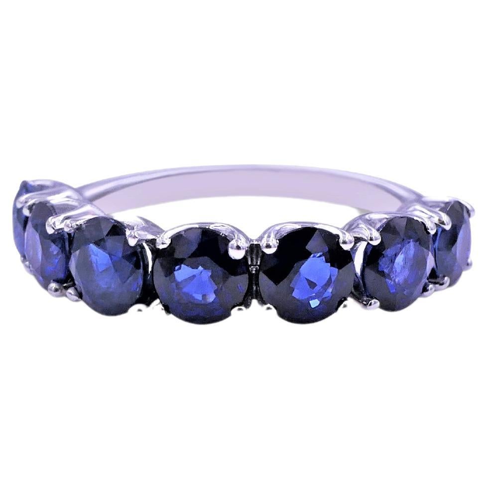 Round Blue Sapphire Eternity Anniversary Wedding Band 14 Karat White Gold Ring For Sale