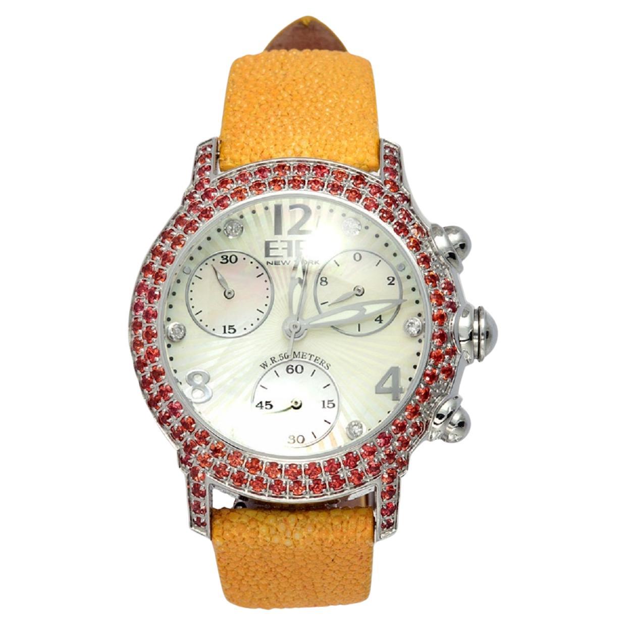 Orange Sapphire & Diamond Pave Dial Luxury Swis Quartz Exotic Leather Band Watch For Sale