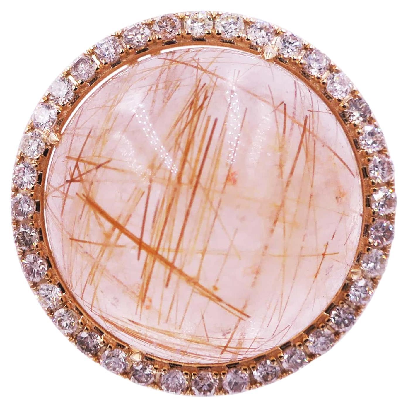Rutilated Pink Quartz Round Cabochon Halo Diamonds 14 Karat Yellow Gold Ring For Sale