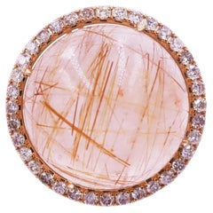 Rutilated Pink Quartz Round Cabochon Halo Diamonds 14 Karat Yellow Gold Ring