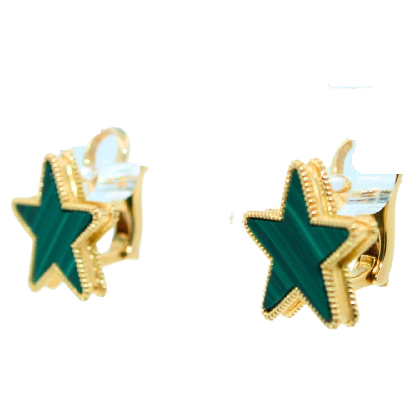 Modern Green Malachite Star Galaxy Celestial Constellation Zodiac Yellow Gold Earrings For Sale