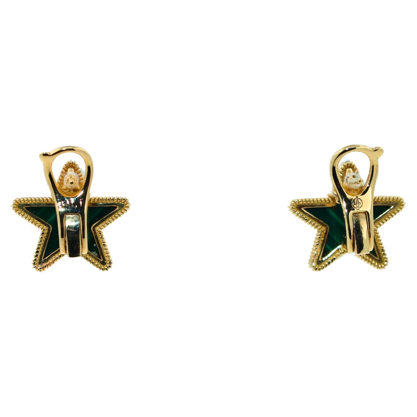 Green Malachite Star Galaxy Celestial Constellation Zodiac Yellow Gold Earrings In New Condition For Sale In Oakton, VA
