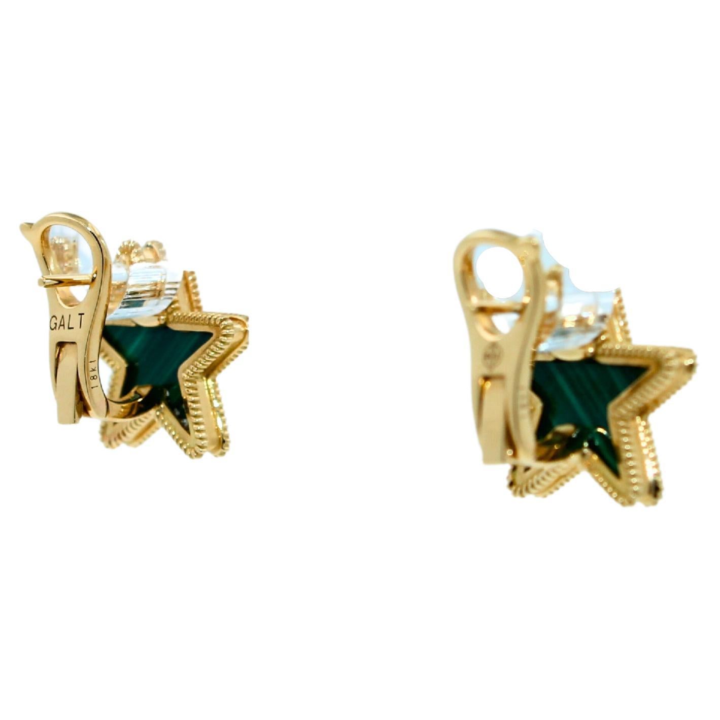 Cabochon Green Malachite Star Galaxy Celestial Constellation Zodiac Yellow Gold Earrings For Sale
