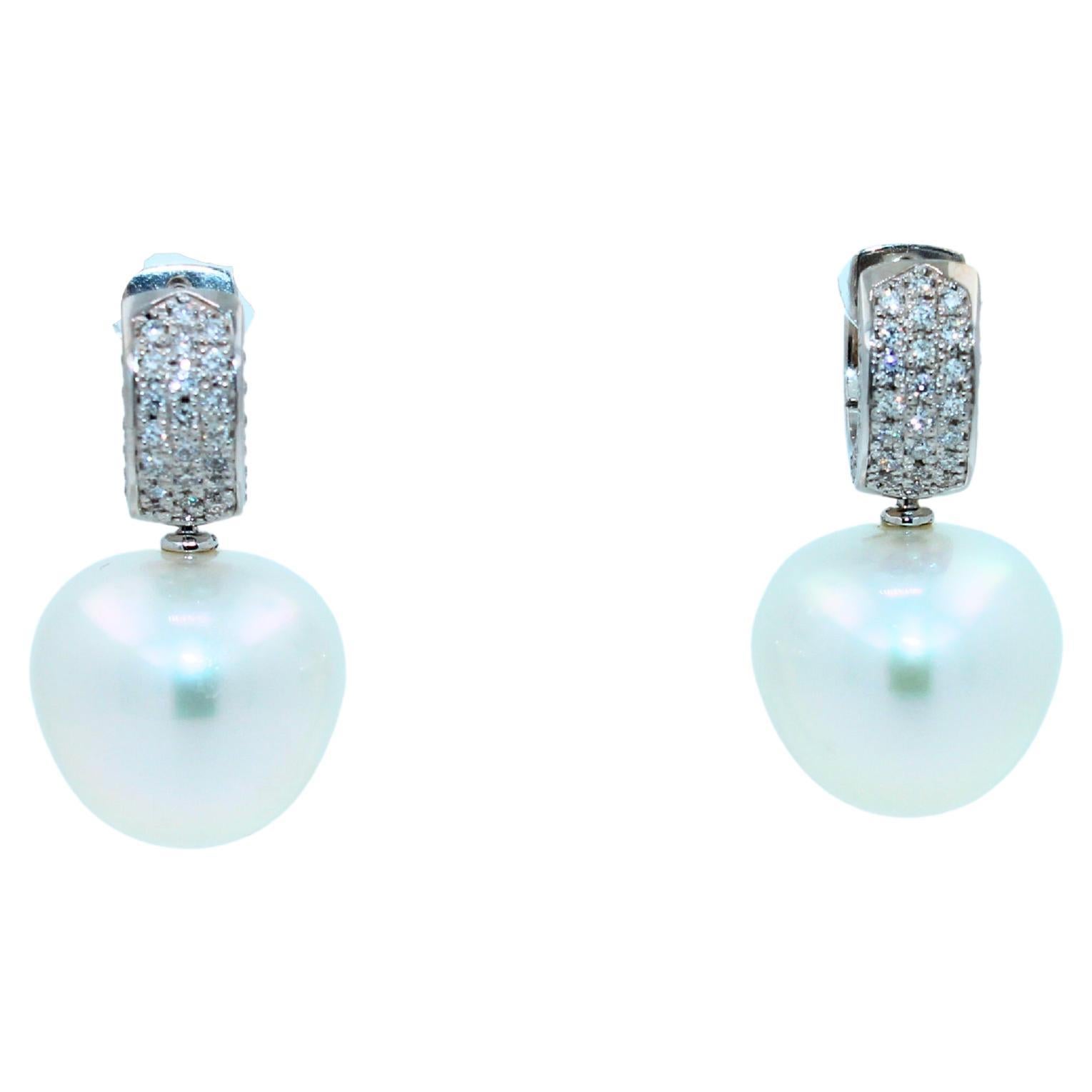 South Sea White Apple Cushion Pearl Diamond 18 Karat White Gold Pave Earrings For Sale