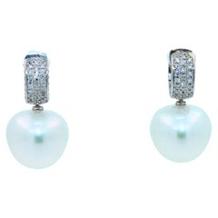 South Sea White Apple Cushion Pearl Diamond 18 Karat White Gold Pave Earrings