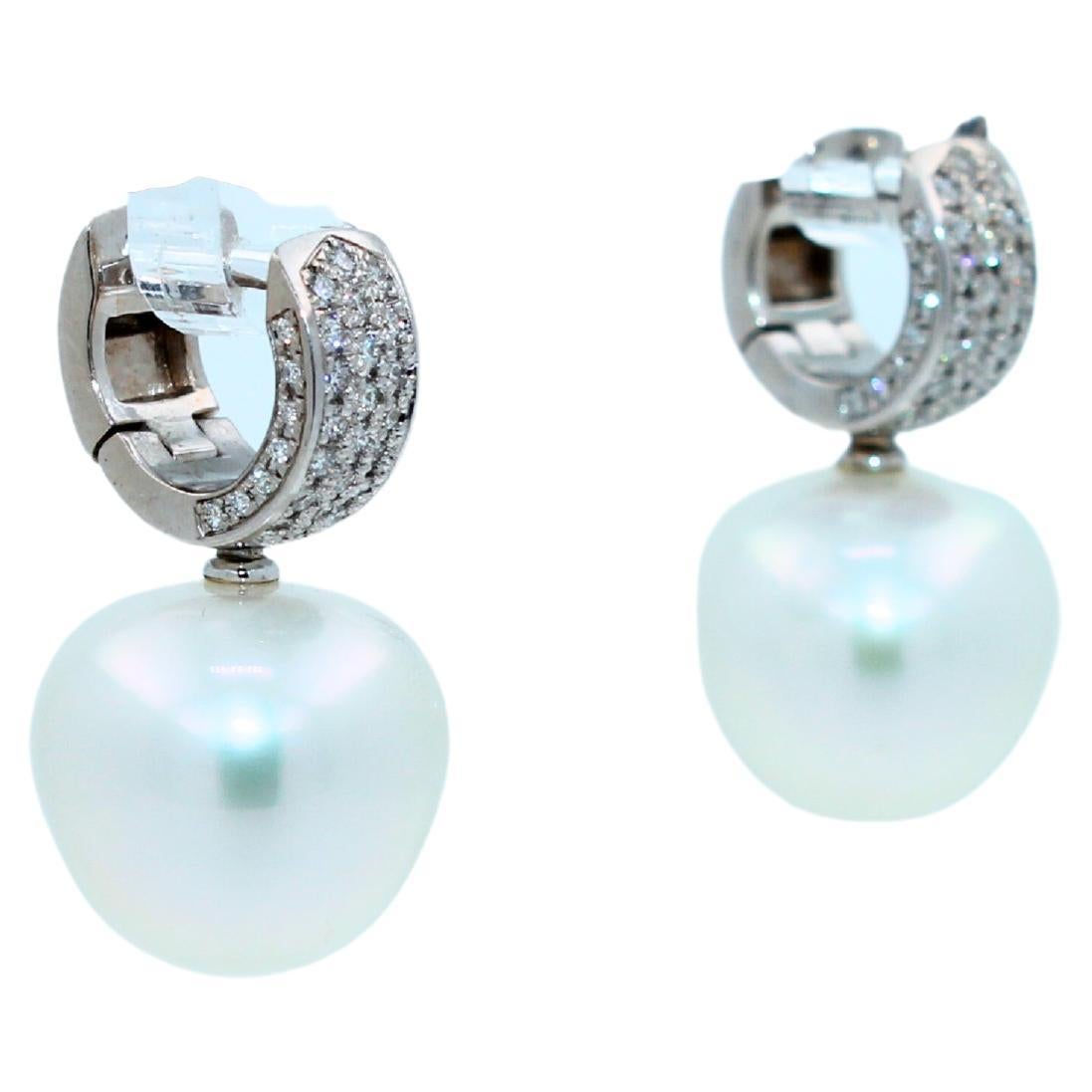 Modern South Sea White Apple Cushion Pearl Diamond 18 Karat White Gold Pave Earrings For Sale