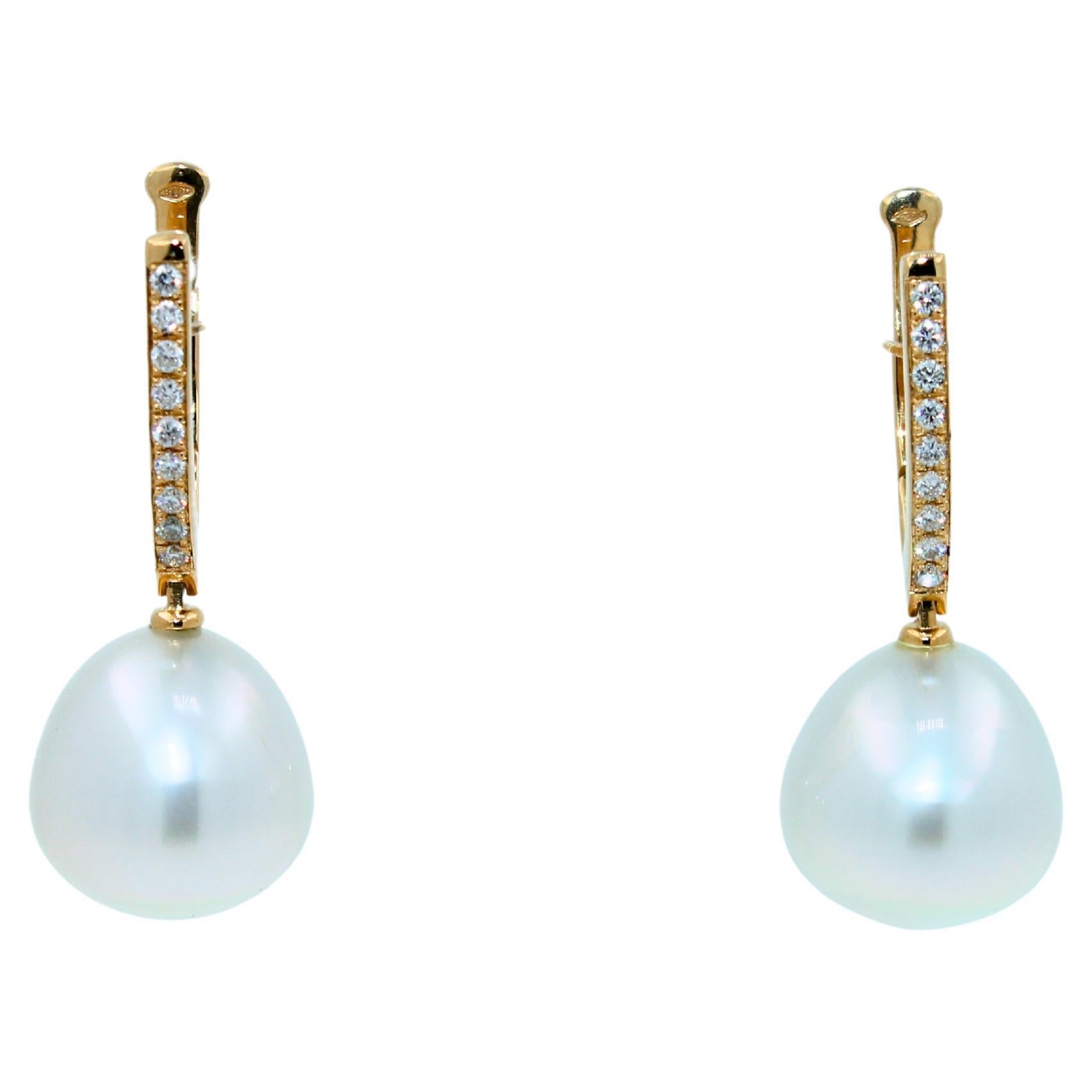 South Sea White Pearl Diamond 18 Karat Yellow Gold Hinge Line Drop Hoop Earrings For Sale