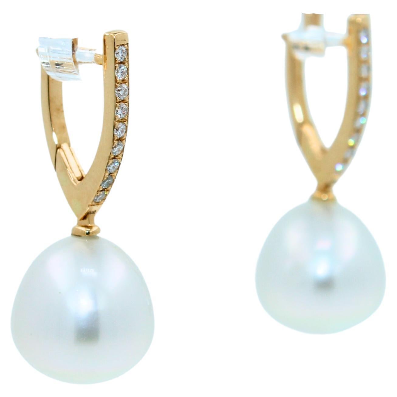South Sea White Pearl Diamond 18 Karat Yellow Gold Hinge Line Drop Hoop Earrings In New Condition For Sale In Oakton, VA