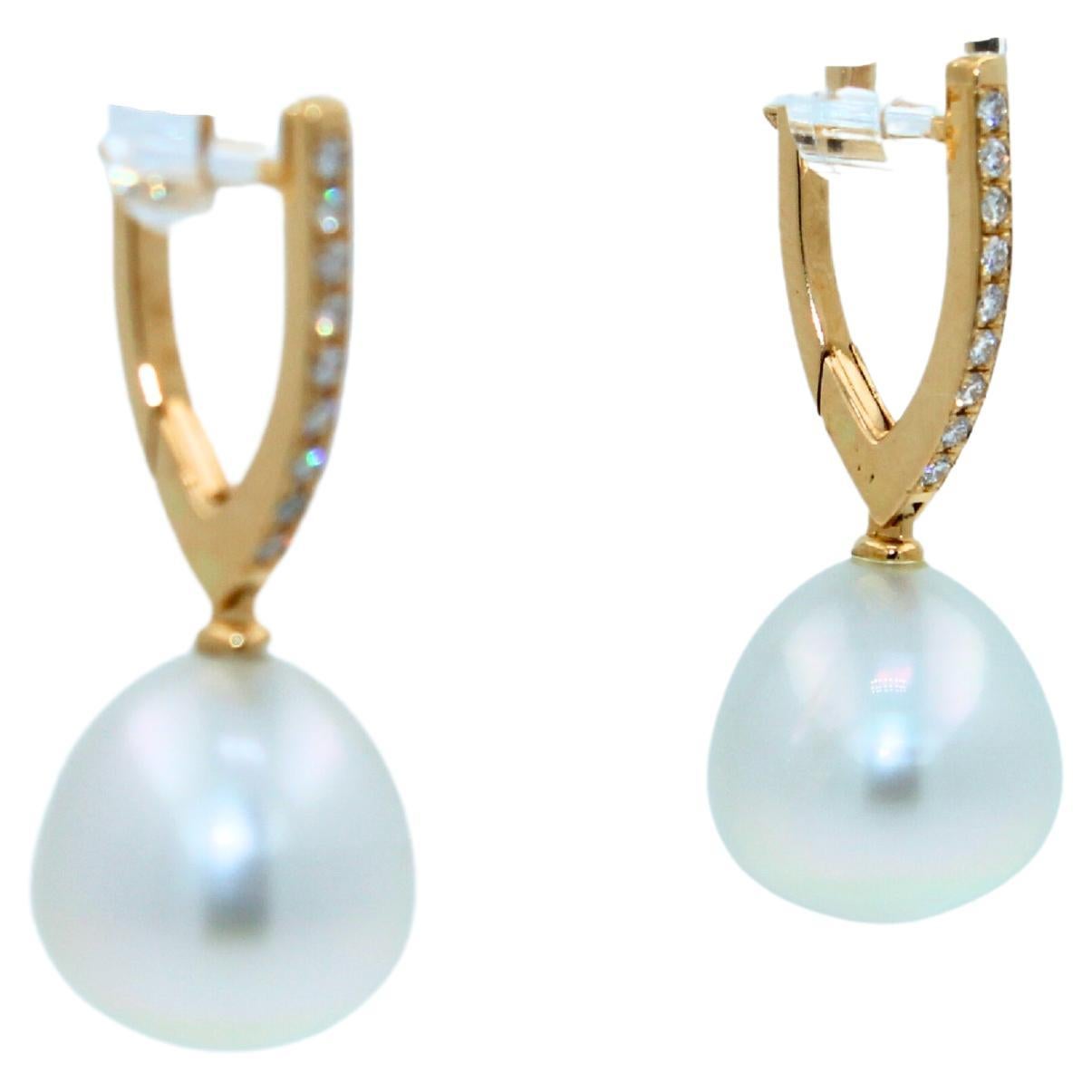 Pear Cut South Sea White Pearl Diamond 18 Karat Yellow Gold Hinge Line Drop Hoop Earrings For Sale
