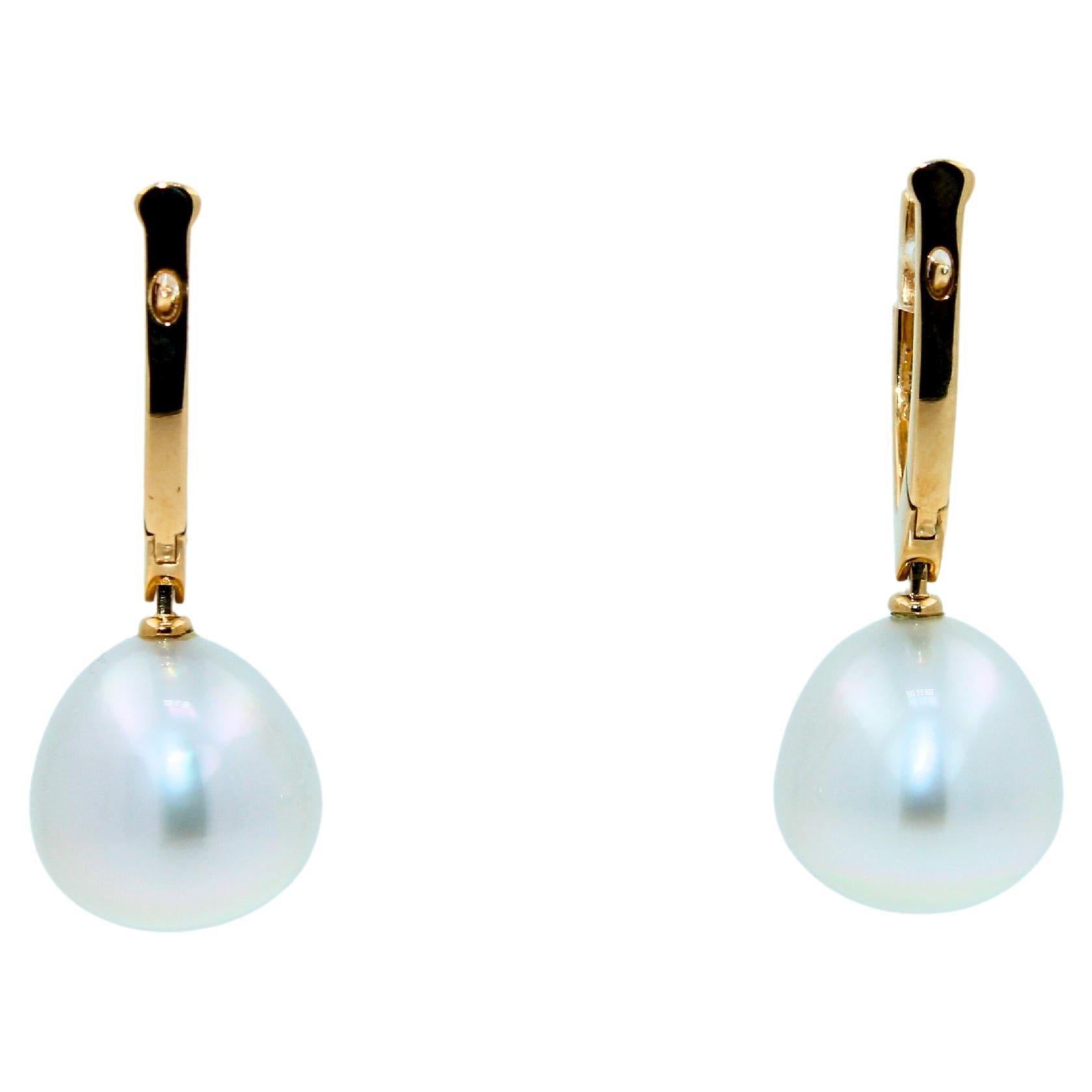 Modern South Sea White Pearl Diamond 18 Karat Yellow Gold Hinge Line Drop Hoop Earrings For Sale