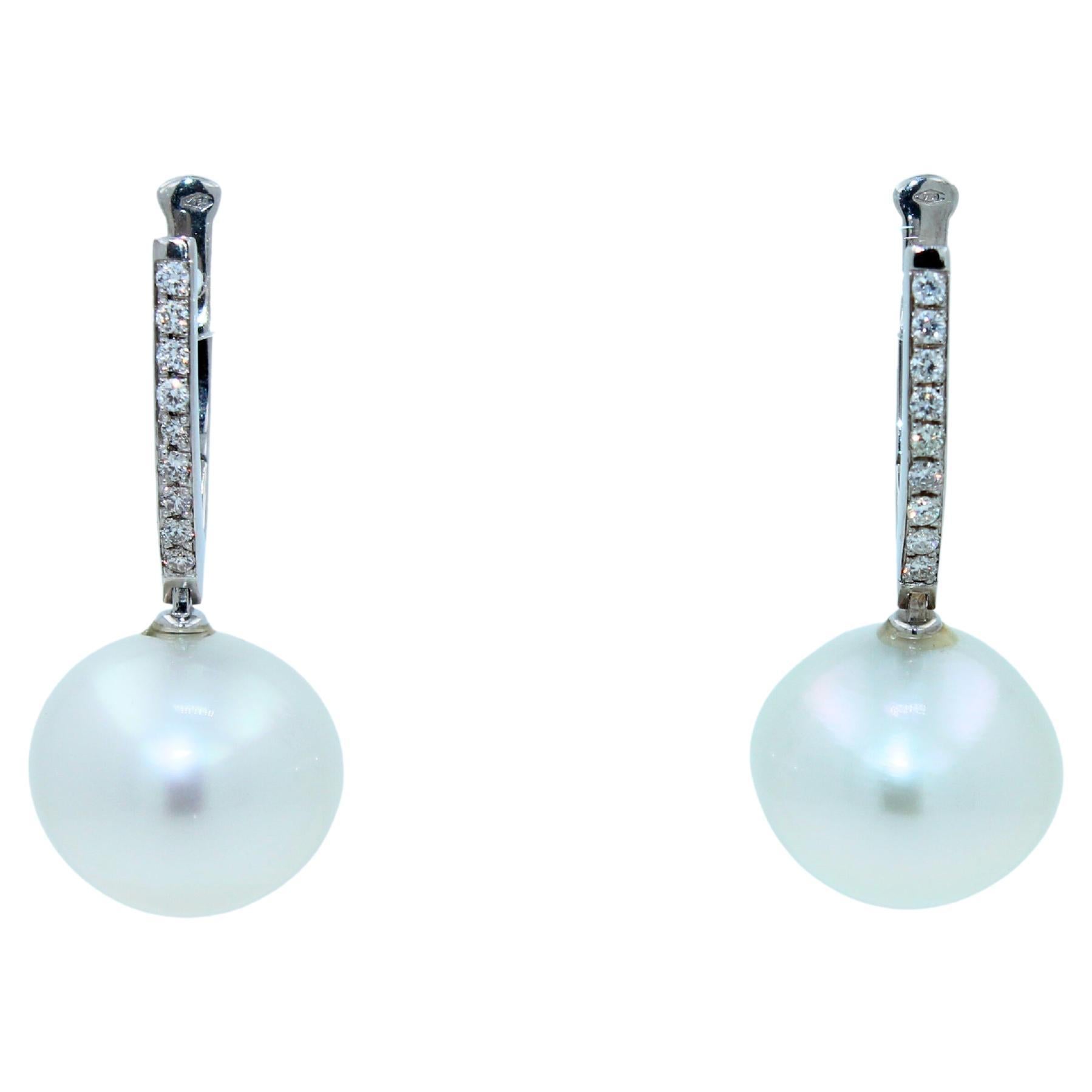 South Sea White Pearl Diamond 18 Karat White Gold Hinge Line Drop Hoop Earrings For Sale