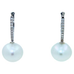 South Sea White Pearl Diamond 18 Karat White Gold Hinge Line Drop Hoop Earrings