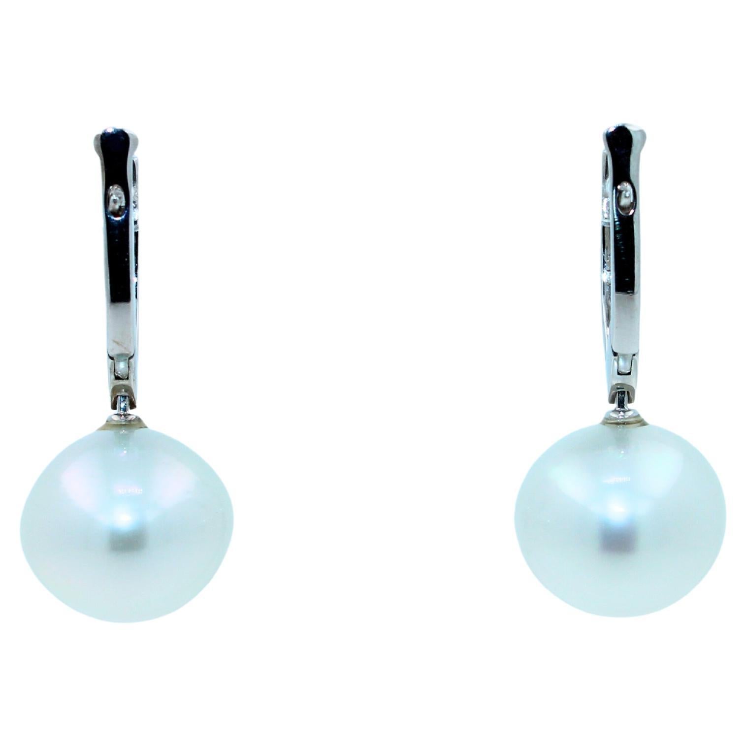 Round Cut South Sea White Pearl Diamond 18 Karat White Gold Hinge Line Drop Hoop Earrings For Sale