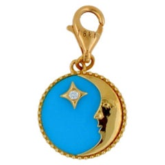 Diamond Zodiac Moon Star Teal Blue Turquoise 18K Gold Pendant Charm Medallion