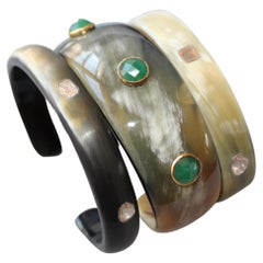 SET of White Quartz Natural Genuine Horn Horned Unique Statement Cuffs Bracelets