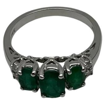 Oval Shape Three Stone Green Emerald Diamond Accent White Gold Statement Ring