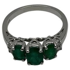 Oval Shape Three Stone Green Emerald Diamond Accent White Gold Statement Ring