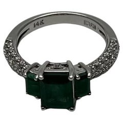 Green Emerald Three Stone Diamond 14K White Gold Classic Statement Ring