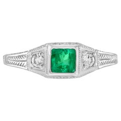 Square Emerald & Diamond Antique Style Three Stone 14K White Gold Ring