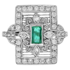 Emerald Diamond Rectangle Door Shape Scrollwork Edwardian Style White Gold Ring