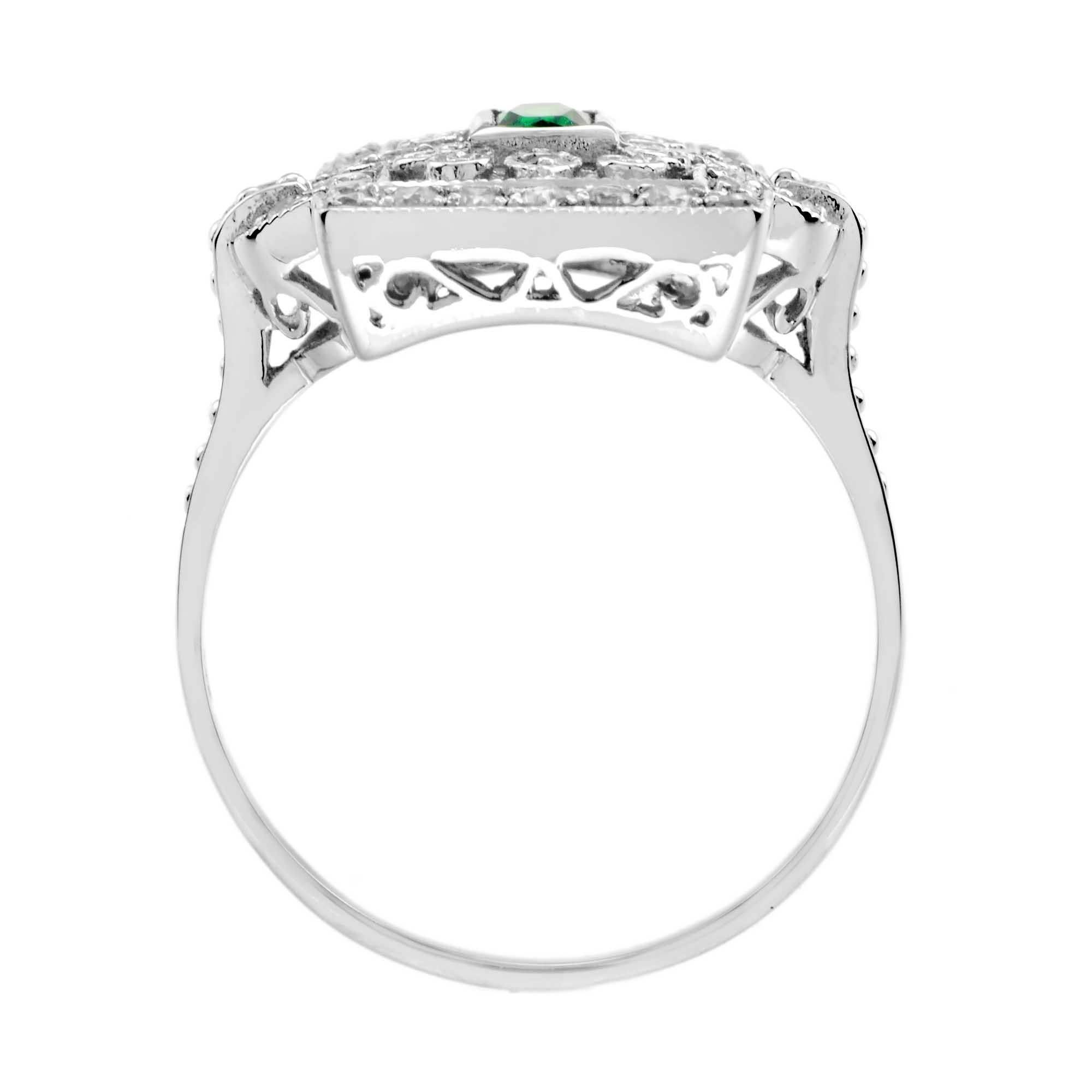 Anello in oro bianco stile edoardiano con diamante smeraldo e rettangolo a forma di porta con volute In condizioni Nuovo in vendita a Oakton, VA