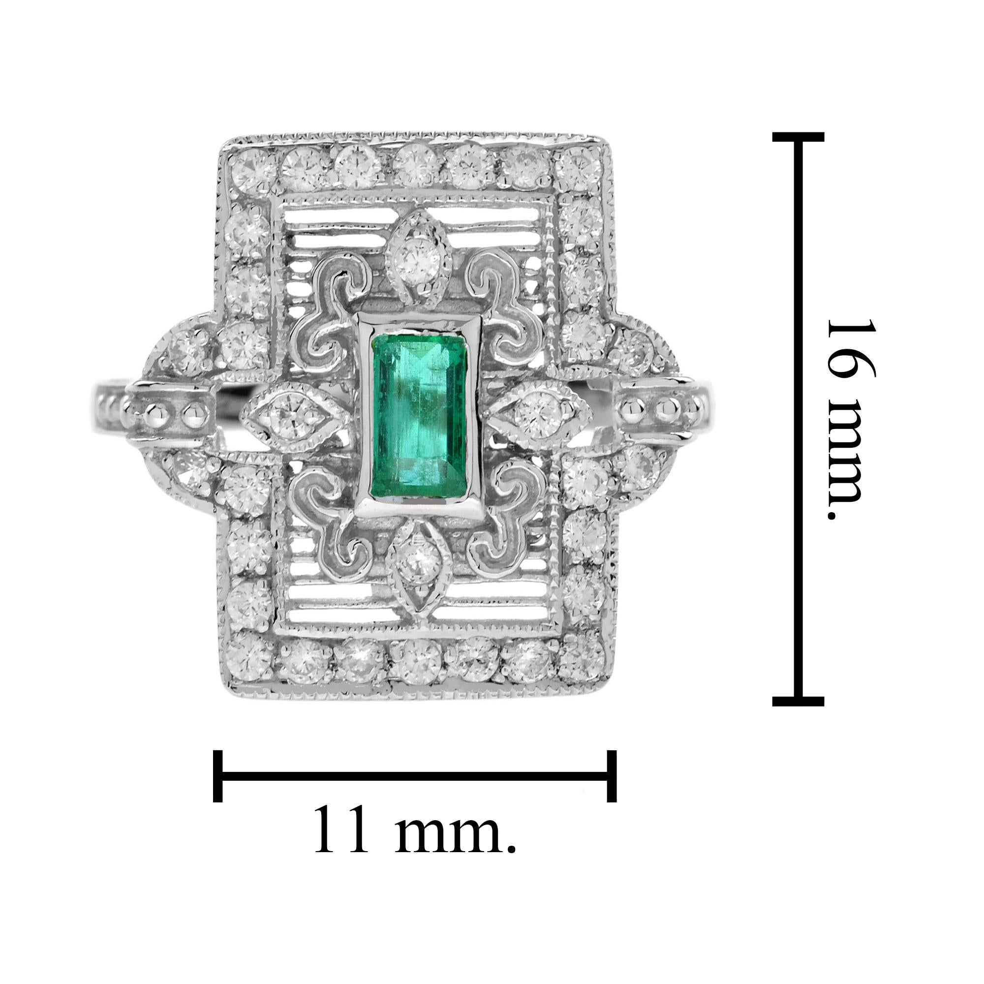 da uomo o donna Anello in oro bianco stile edoardiano con diamante smeraldo e rettangolo a forma di porta con volute in vendita