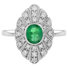 Oval Emerald & Diamond Marquise Shape Edwardian Style 14K White Gold Ring