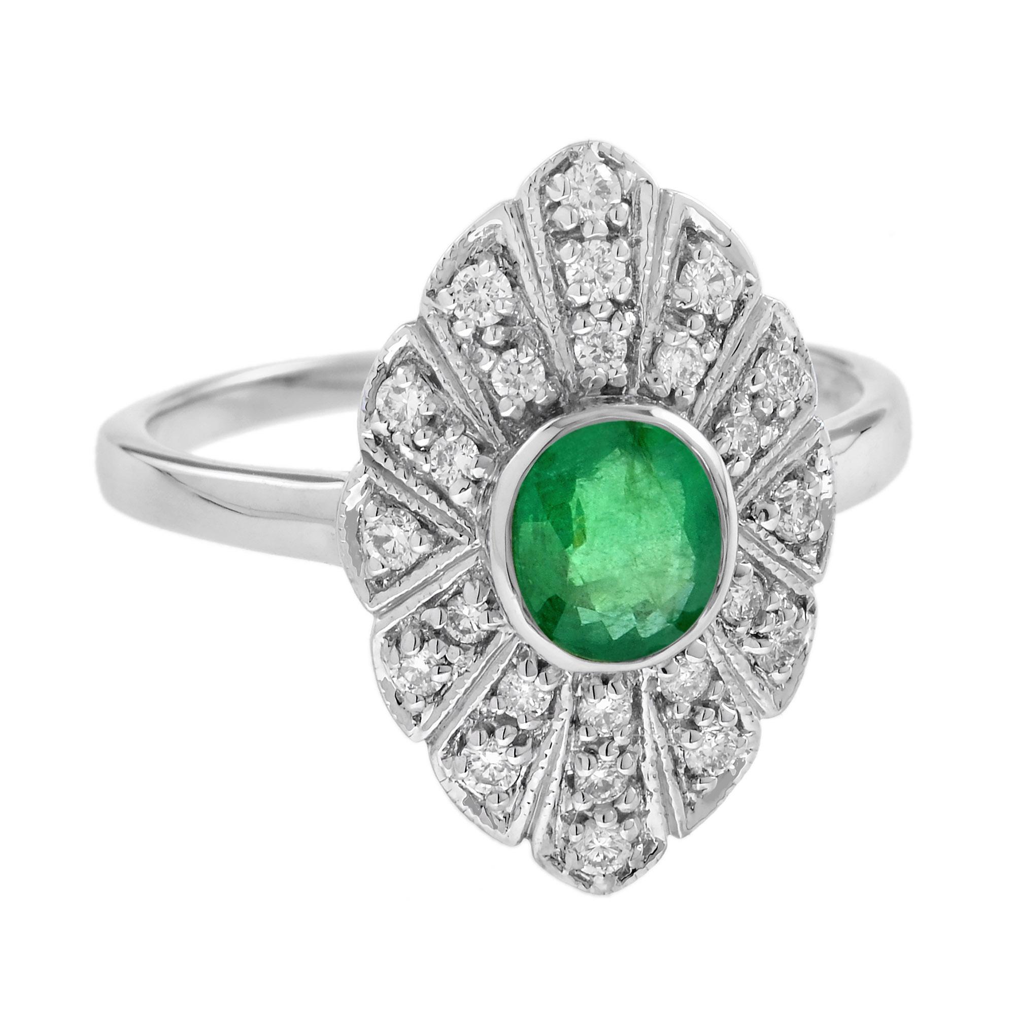 Aggiungi un tocco di eleganza al tuo look con questo anello con smeraldo ovale e diamanti. Questo bellissimo anello presenta uno smeraldo di taglio ovale accentuato da un'aureola di diamanti rotondi. Oro bianco 14K. 
Informazioni sull'anello
Stile: