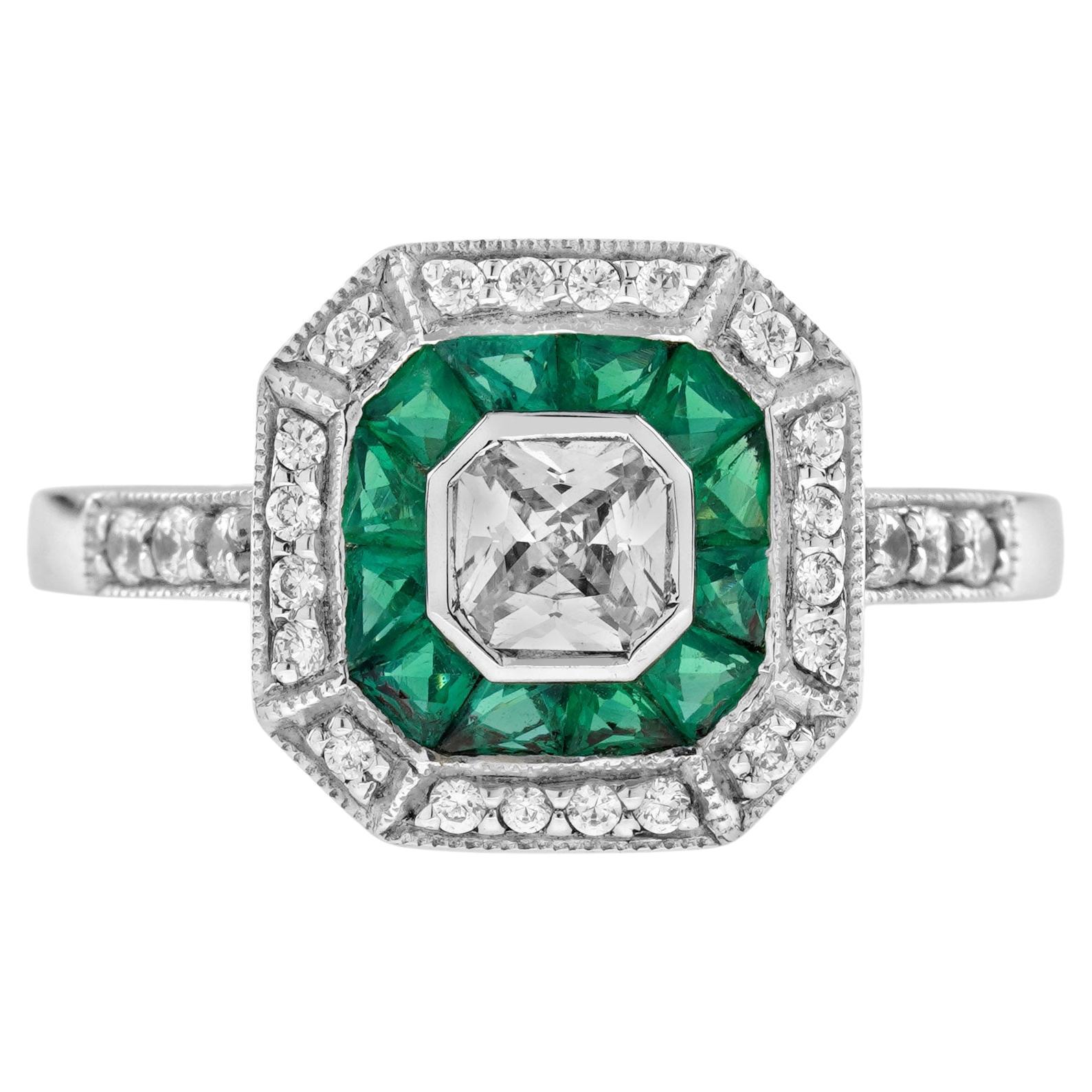 Anello con diamante e smeraldo a doppio alone in stile Art Deco con forma Asscher in oro bianco 14K