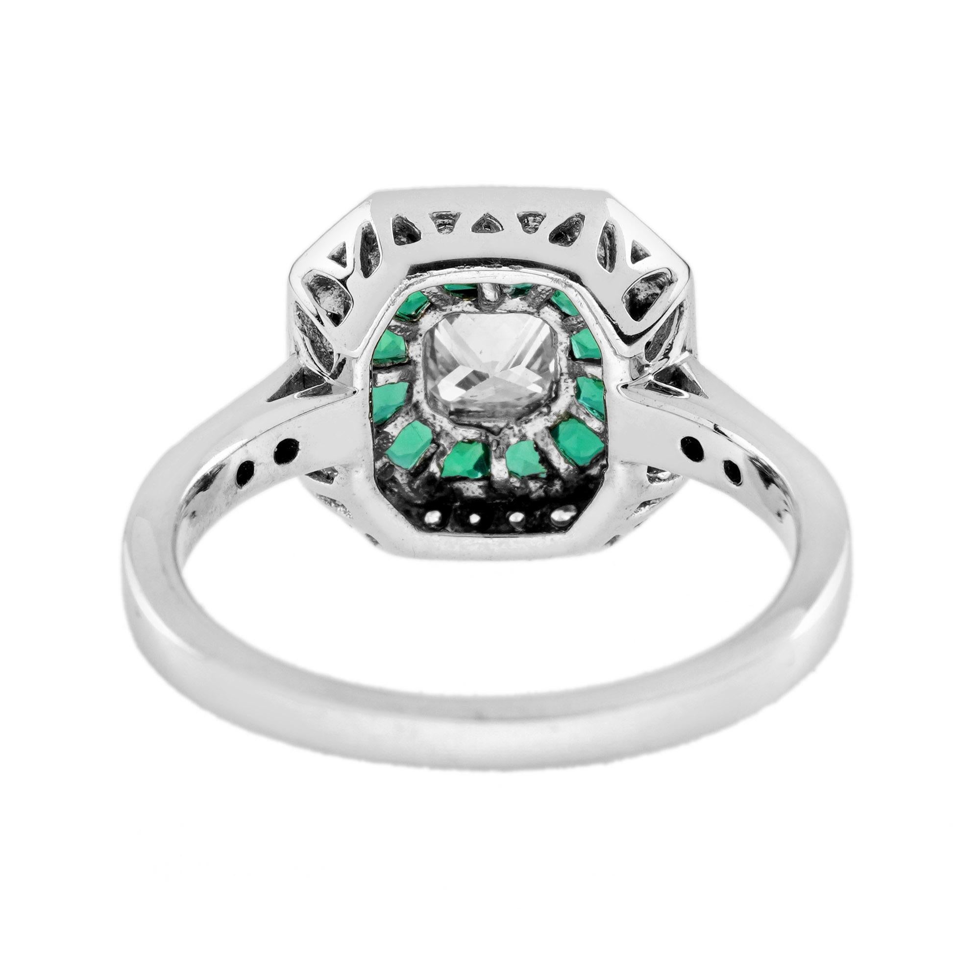 Taglio Asscher Anello con diamante e smeraldo a doppio alone in stile Art Deco con forma Asscher in oro bianco 14K in vendita