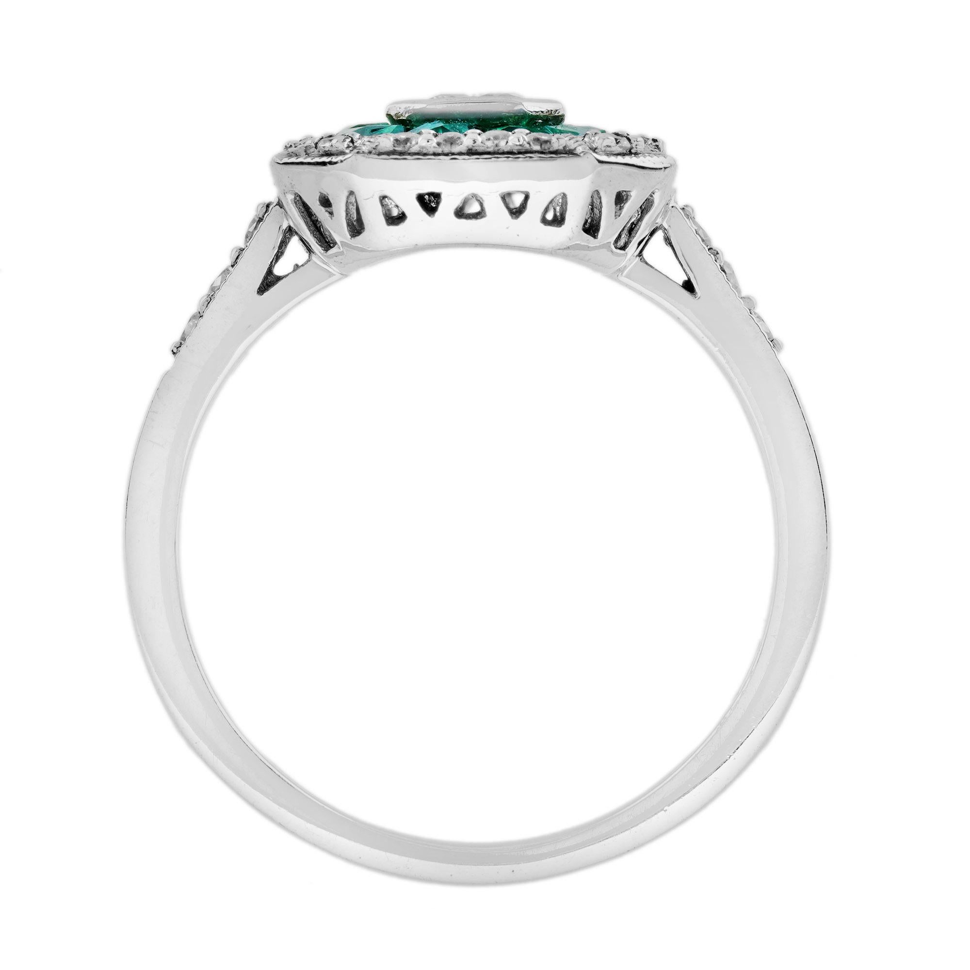 Anello con diamante e smeraldo a doppio alone in stile Art Deco con forma Asscher in oro bianco 14K In condizioni Nuovo in vendita a Oakton, VA