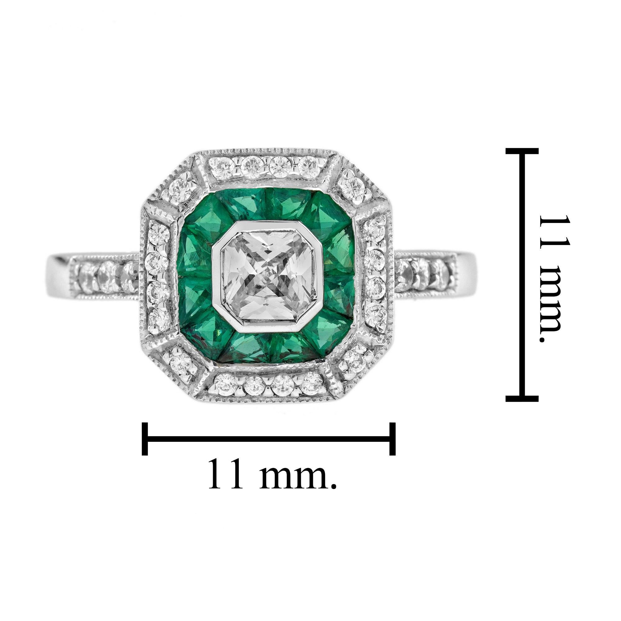 Donna Anello con diamante e smeraldo a doppio alone in stile Art Deco con forma Asscher in oro bianco 14K in vendita
