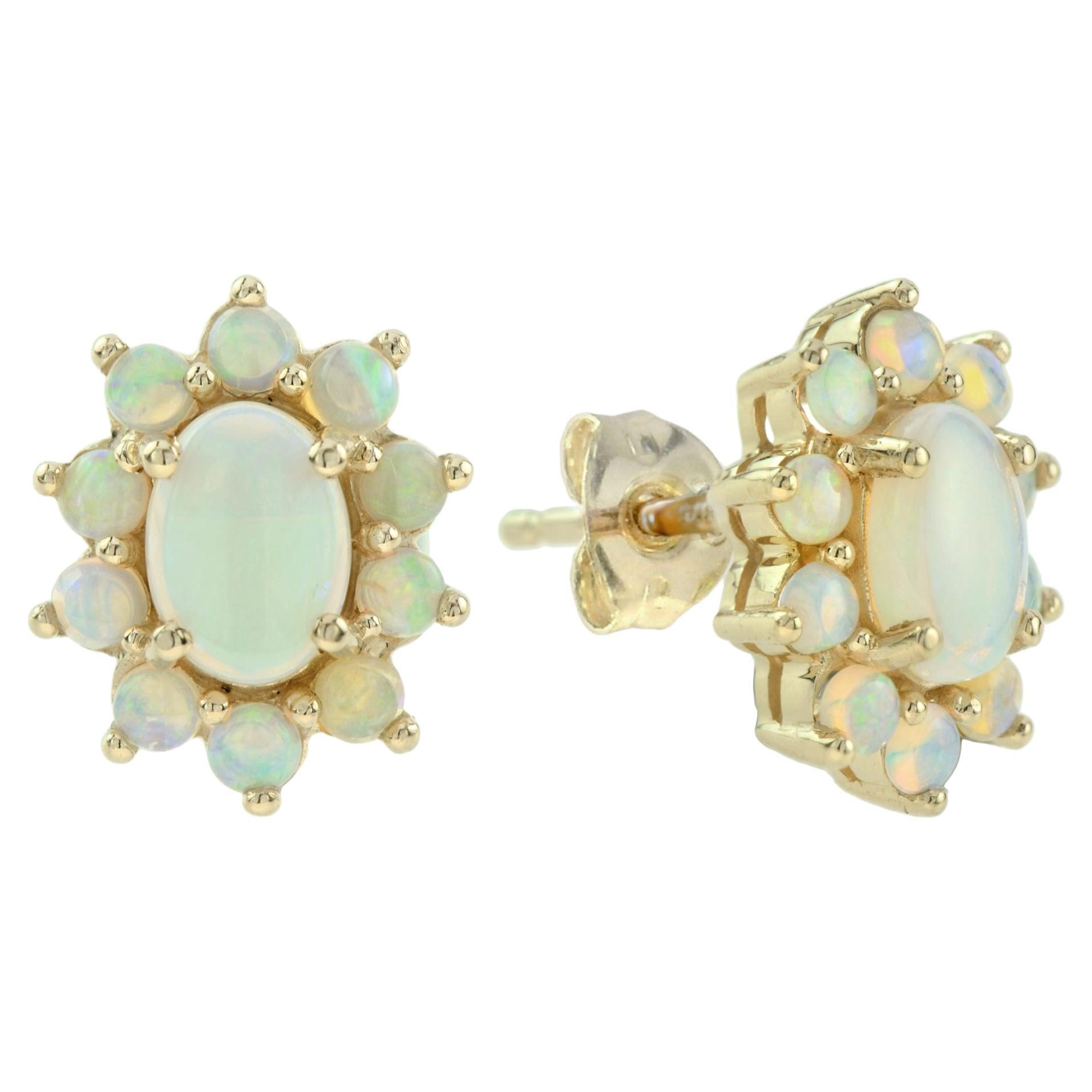 Boucles d'oreilles en or jaune 14K avec clous d'oreilles en forme de grappes d'opale de style vintage