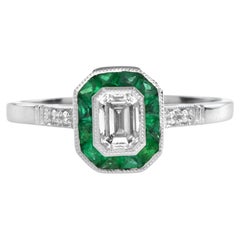 Anillo de compromiso de oro blanco de 14 quilates con diamante talla esmeralda y esmeralda estilo Art Decó