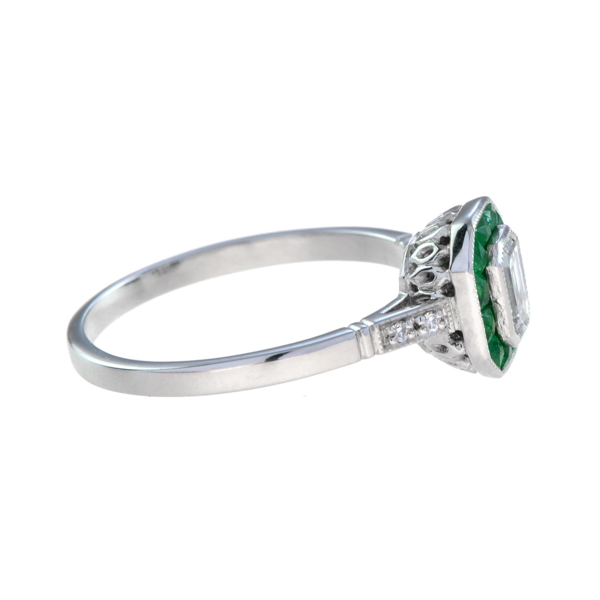 Anillo de compromiso de oro blanco de 14 quilates con diamante talla esmeralda y esmeralda estilo Art Decó Corte esmeralda en venta