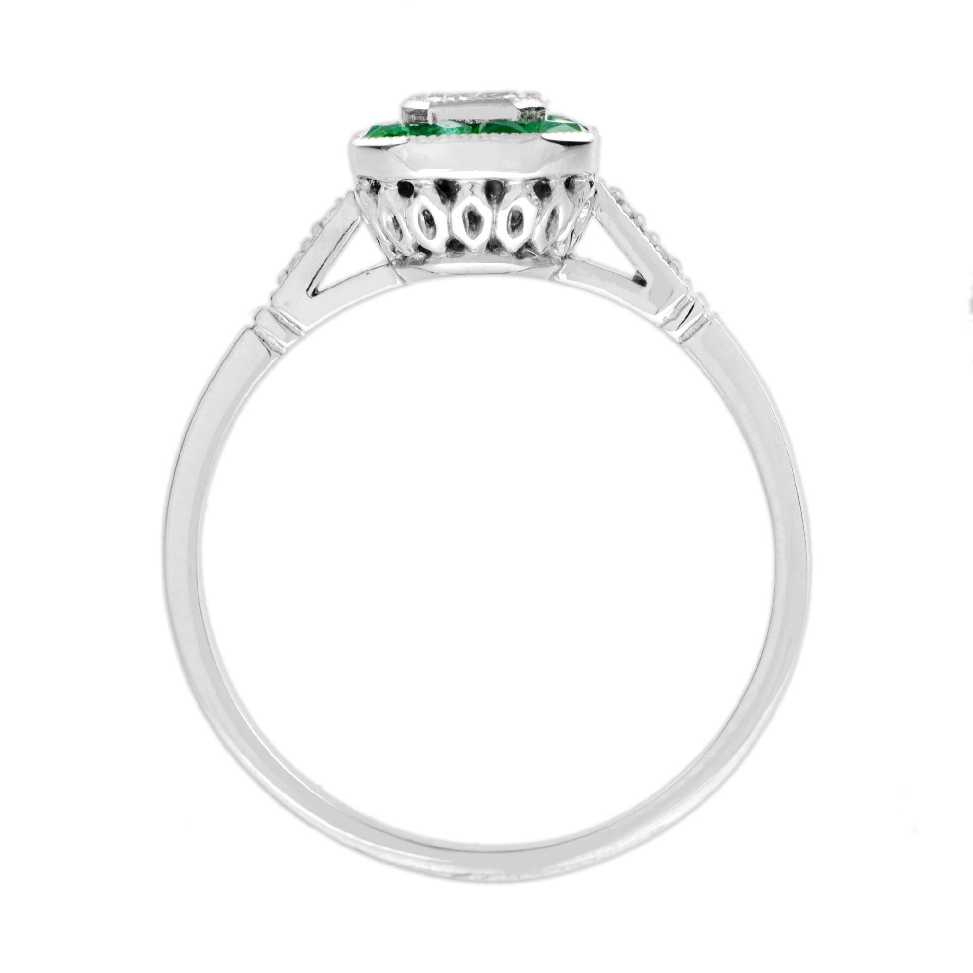 De las mujeres Anillo de compromiso de oro blanco de 14 quilates con diamante talla esmeralda y esmeralda estilo Art Decó en venta