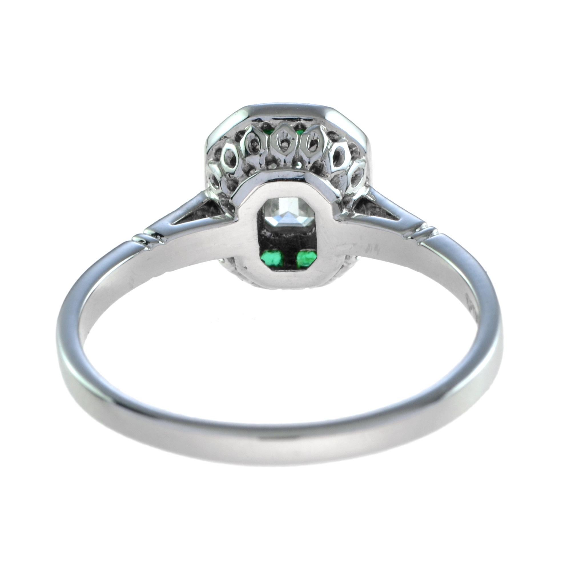 Anillo de compromiso de oro blanco de 14 quilates con diamante talla esmeralda y esmeralda estilo Art Decó en Nuevo estado para la venta en Oakton, VA